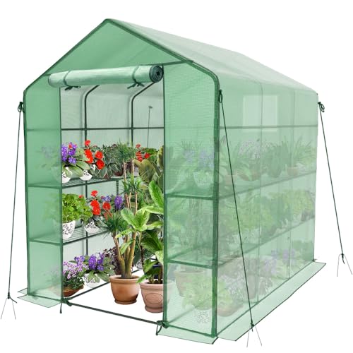 VOUNOT® Gewächshaus Foliengewächshaus, begehbares Gartenhäuschen mit 12 Regalebenen, Tomatenhaus Tomatengewächshaus, Grün 143x215x195cm von VOUNOT