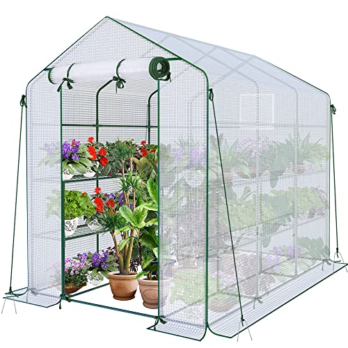 VOUNOT® Gewächshaus Foliengewächshaus, begehbares Gartenhäuschen mit 12 Regalebenen, Tomatenhaus Tomatengewächshaus, Weiß 143x215x195cm von VOUNOT