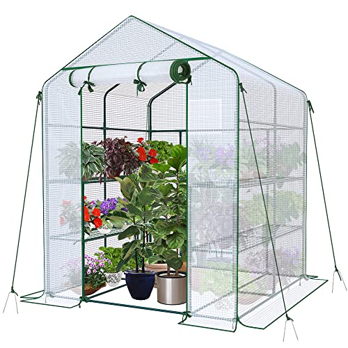 VOUNOT® Gewächshaus Foliengewächshaus, begehbares Gartenhäuschen mit 8 Regalebenen, Tomatenhaus Tomatengewächshaus, Weiß 143x143x195cm von VOUNOT