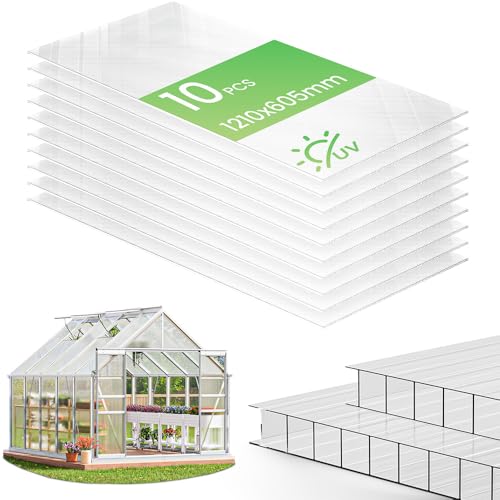 VOUNOT® Gewächshausplatten 10er Set , Doppelstegplatten 6mm aus Polycarbonat, Hohlkammerplatten UV-beständig & bruchsicher, Polycarbonatplatten 60.5 x 121 cm, für Gewächshaus & Carport von VOUNOT