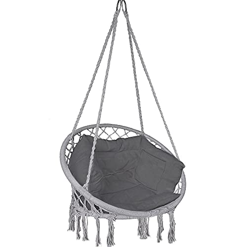 VOUNOT Hängesessel mit Bücherfach & Kissen, Hängeschaukel Hängestuhl für Indoor Outdoor Garten, Ø Sitzfläche 80cm, Grau von VOUNOT