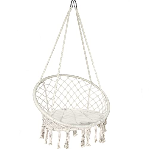 VOUNOT Hängesessel mit Kissen, Boho Hängestuhl zum Aufhängen Hängeschaukel für Erwachsene und Kinder, Indoor und Outdoor, Beige von VOUNOT