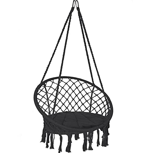 VOUNOT Hängesessel mit Kissen, Boho Hängestuhl zum Aufhängen Hängeschaukel für Erwachsene und Kinder, Indoor und Outdoor, Schwarz von VOUNOT