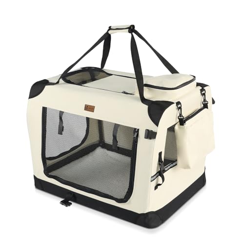 VOUNOT Hundebox faltbar, Transportbox Katze Hunde, Hundetasche, Oxford-Gewebe, Netzstoff, Atmungsaktiv, Transportabel, Metallrahmen, mit Griffen, Taschen, 60x44x44cm M, Beige von VOUNOT