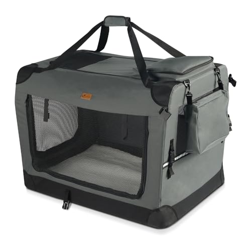 VOUNOT Hundebox faltbar, Transportbox Katze Hunde, Hundetasche, Oxford-Gewebe, Netzstoff, Atmungsaktiv, Transportabel, Metallrahmen, mit Griffen, Taschen, 70x52x52cm L, Grau von VOUNOT