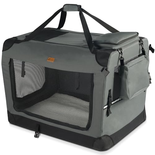 VOUNOT Hundebox faltbar, Transportbox Katze Hunde, Hundetasche, Oxford-Gewebe, Netzstoff, Atmungsaktiv, Transportabel, Metallrahmen, mit Griffen, Taschen, 82x60x60cm XL, Grau von VOUNOT