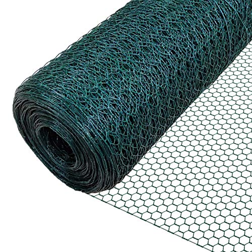 VOUNOT® Maschendrahtzaun Sechseckgeflecht, Drahtzaun Hasendraht Kaninchendraht Hühnerdraht, Maschenweite 13 mm, Höhe 100 cm, Länge 25 m, PVC-Beschichtet Grün von VOUNOT