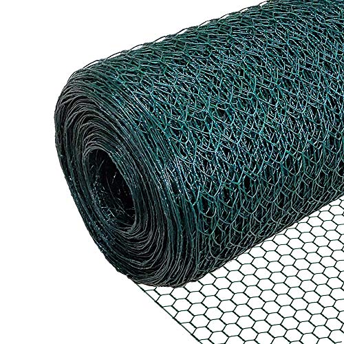 VOUNOT® Maschendrahtzaun Sechseckgeflecht, Drahtzaun Hasendraht Kaninchendraht Hühnerdraht, Maschenweite 13 mm, Höhe 100 cm, Länge 50 m, PVC-Beschichtet Grün von VOUNOT