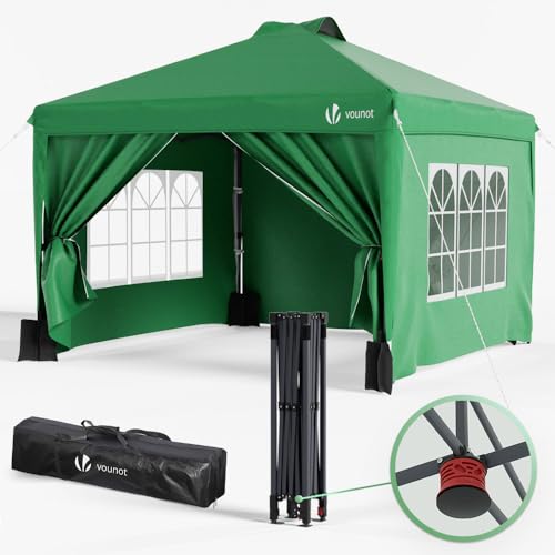 VOUNOT Pavillon 3x3m Wasserdicht Stabil Winterfest, Pop Up Faltpavillon mit 4 Seitenteilen und 5 Sandsäcke, Faltbar Partyzelt Gartenzelt Gartenpavillon inkl. Tasche, Grün von VOUNOT