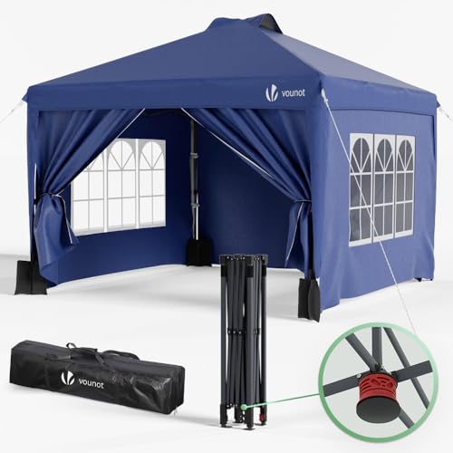 VOUNOT Pavillon 3x3m Wasserdicht Stabil Winterfest, Pop Up Faltpavillon mit 4 Seitenteilen und 5 Sandsäcke, Faltbar Partyzelt Gartenzelt Gartenpavillon inkl. Tasche, Blau von VOUNOT