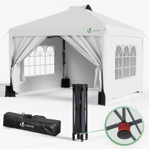 VOUNOT Pavillon 3x3m Wasserdicht Stabil Winterfest, Pop Up Faltpavillon mit 4 Seitenteilen und 5 Sandsäcke, Faltbar Partyzelt Gartenzelt Gartenpavillon inkl. Tasche, Weiß von VOUNOT