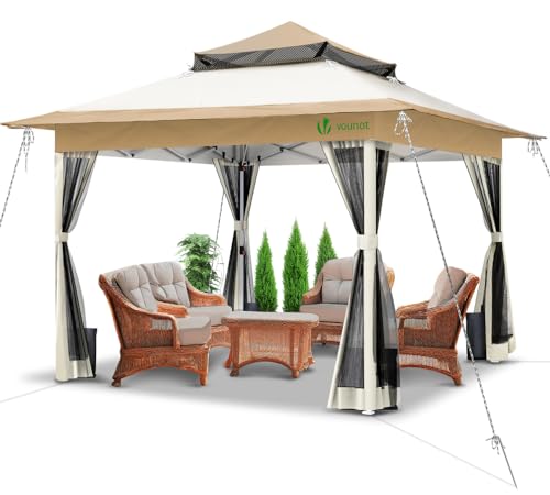 VOUNOT Pavillon Faltbar 3,6x3,6m, Pop Up Partyzelt mit Mesh Sides & Doppeldach, Faltpavillon Stabil mit Bein Gewichte & Roller Bag, Gartenpavillon Gartenzelt Beige von VOUNOT