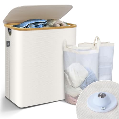 VOUNOT Wäschekorb mit Deckel 145L, Faltbarer Wäschesammler 2 Fächer & Herausnehmbar Wäschesäcke, Laundry Baskets Wäschebox Schmal, Beige von VOUNOT