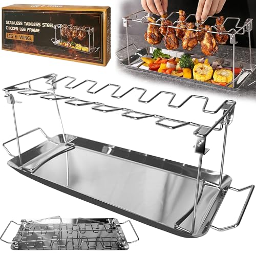 VOUSXLLEZ Premium Hähnchenschenkel Halter für 14 Keulen,Hähnchen Ständeraus 100% Edelstahl,Gasgrill Zubehör mit Auffangschale,Chicken Wings Gas Grill Zubehör von VOUSXLLEZ