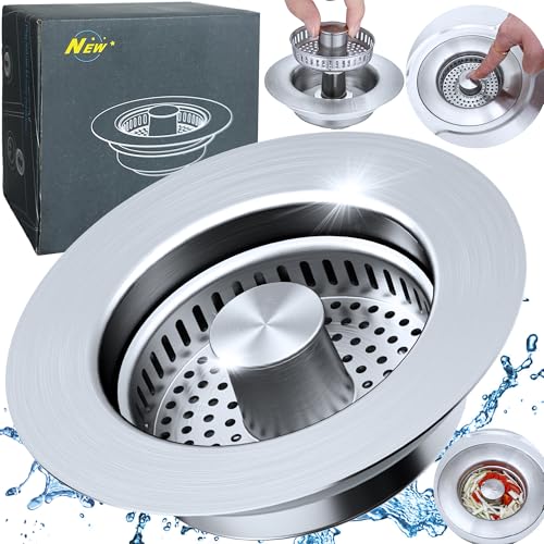 Verbessertes 3-in-1-Abflusssieb, Küchenspüle, Sieb und Stopper-Kombination, Edelstahl-Waschbeckenstopfen, Anti-Verstopfung, Abflusssiebkorb mit Griff, Standard (8,9 cm Abfluss) von VOUSXLLEZ