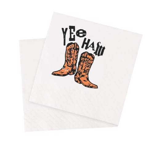 VOWFOO Yee Haw Cocktail-Servietten, Cowboystiefel, Western-, Country-, Cowgirl-, Retro-Vintage-Party, Einweg-Papierservietten, 100 Stück, 4,5 x 4,5 cm, 2-lagig (Yee Haw Cowboystiefel) von VOWFOO