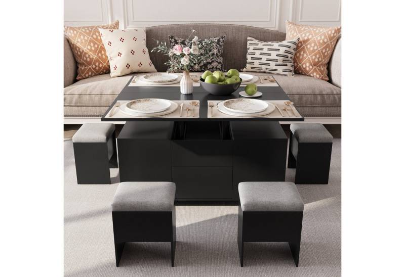 VOWNER Couchtisch Anhebbarer Multifunktionstisch, 4-in-1 Multifunktion, mit Verstecktem Stauraum, mit 4 Hockern, Schwarz von VOWNER