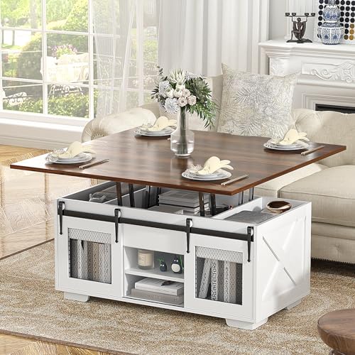 VOWNER Couchtisch Höhenverstellbar, 3-in-1-Multifunktions-Wohnzimmertisch mit Versteckter Aufbewahrung, Couchtisch Umwandelbar in Wohnzimmer-Esstisch, Bauernhausstil (Walnussfarbe mit Holzmaserung) von VOWNER