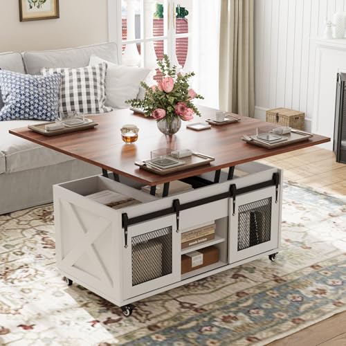 VOWNER Couchtisch Höhenverstellbar, 3-in-1-Multifunktions-Wohnzimmertisch mit mit Rollen & Versteckter Aufbewahrung, Umwandelbar in Wohnzimmer-Esstisch, Bauernhausstil (Walnussfarbe mit Holzmaserung) von VOWNER