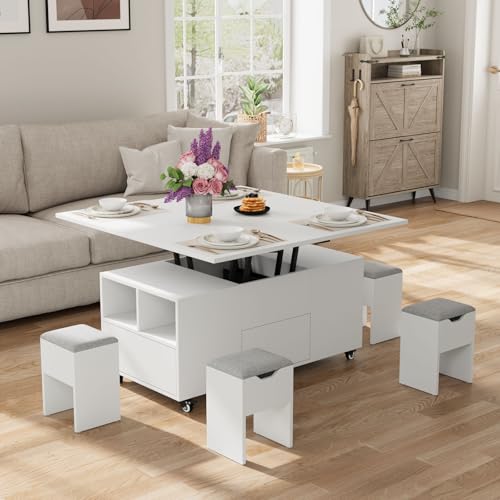 VOWNER Couchtisch Höhenverstellbar, 4-in-1-Multifunktions-Couchtisch Umwandelbar in Wohnzimmer-Esstisch, Couchtisch mit Verstecktem Stauraum, mit 4 Hockern, 106L x 106W x 68H cm, Weiß von VOWNER