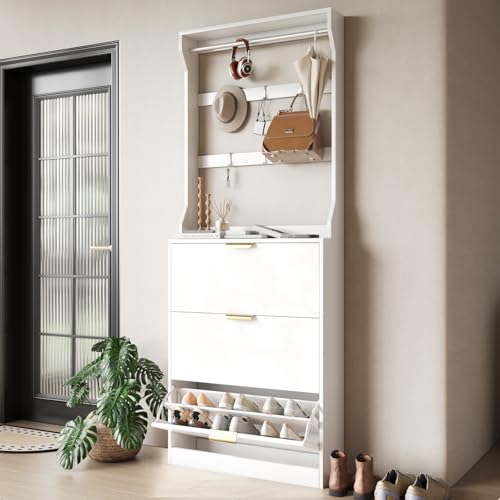 VOWNER Garderobe mit Schuhschrank, Schuhkipper Schmal mit 3 Klappen, Garderobenständer mit 6 Haken und Schuhregal, Verstellbare Regalebenen, 80 x 24 x 208 cm, für Eingangsbereich, Flur, Weiss von VOWNER