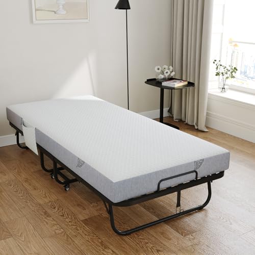 VOWNER Klappbett 200 x 90 cm für Erwachsene mit 13 cm Matratze, stabiles Stahlrahmen Gästebett, Klappbett auf Rollen mit Aufbewahrungstasche, klappbares Reisebett mit 4 Laufrollen, Belastbarkeit 200kg von VOWNER