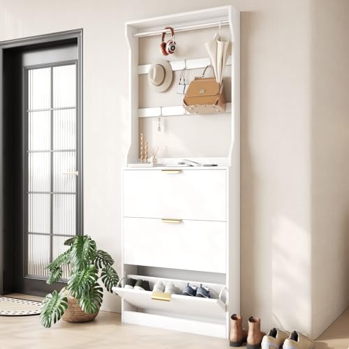 VOWNER Schuhschrank mit 3 Klappen, Garderobe mit Schuhschrank, Schuhregal mit 6 Haken und Kleiderstange, 80 x 17 x 208 cm, für Eingangsbereich, Flur, Weiss von VOWNER