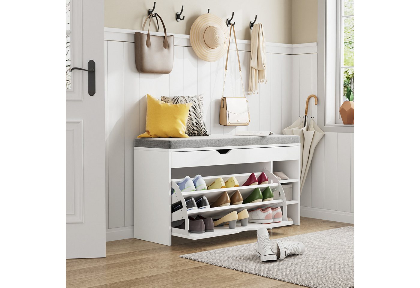 VOWNER Schuhschrank mit Klappen, Schmaler Schuhregal mit Sitzbank, Verstellbar (1-St) Schuhbank, 100 x 30 x 55 cm, Weiß von VOWNER