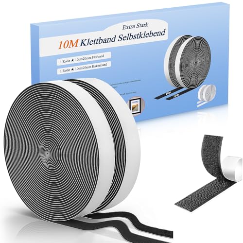 Klettband Selbstklebend Extra Stark 10Mx20mm, Schwarz Doppelseitig Klett Mit Klettverschluss Kelbstklebendes, Haken und Loop Band Klebepad Für Fliegengitter, Couch-Kissen von VOWOBEST