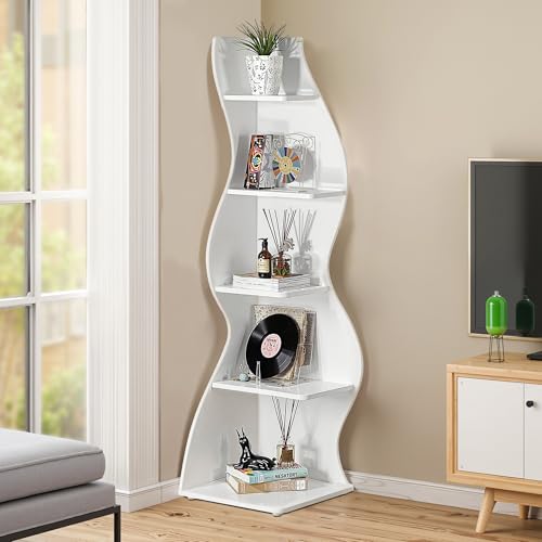 Osparple Bücherregal mit 5 Reifen, einzigartiger Eckständer aus Holz, einzigartige Form, hohes Bücherregal, Aufbewahrungs-Organizer für Schlafzimmer, Wohnzimmer, Heimbüro, Weiß, 1 Stück Osparple Bücherregal mit 5 Reifen, einzigartiger Eckständer aus Holz, einzigartige Form, hohes Bücherregal, Aufbewahrungs-Organizer für Schlafzimmer, Wohnzimmer, Heimbüro, Weiß, 1 Stück von VOXIN