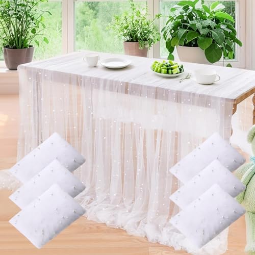 Tischdecke aus weißer Spitze mit Perlen, Tüll-Chiffon-Stoff für Hochzeitsdekoration, Geburtstagsparty, Esstisch, Tischdecke (6 Stück, weiß), 3 m von VOXIN