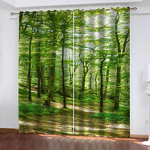 2Er Set Vorhang Blickdicht Verdunklungsvorhänge Mit Ösen Kälteschutz & Hitzeschutz, 3D Grüne Baumlandschaft Muster Gardinen Kinderzimmer, Für Junge Mädchen Schlafzimmer Fensterdekoration 160X200cm von VOYADE