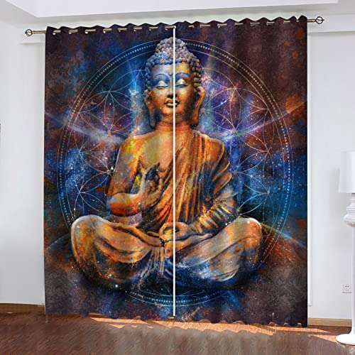 VOYADE 2 Stücke Blickdicht Vorhang Mit Ösen, 3D Sternenhimmel-Buddha-Statue Verdunkelungsvorhang Polyester Verdunkelung Vorhänge Gardinen - Für Wohnzimmer/Schlafzimmer/Kinderzimmer 230X264cm(HXB) von VOYADE