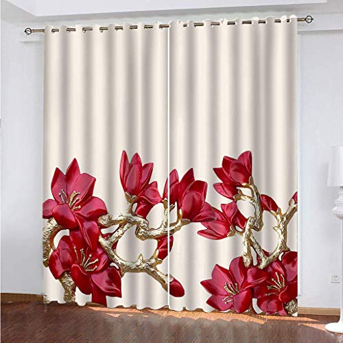 VOYADE 2Er Set Blickdicht Vorhänge Wohnzimmer, 3D Mode Rot-Goldene Blumen Muster Blickdicht Schlaufenschal Verdunkelungsvorhang, Lärmminderung Gardinen Fensterdekoration 160X200cm(HXB) von VOYADE
