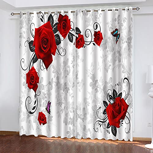 VOYADE 2Er Set Blickdicht Vorhänge Wohnzimmer, 3D Schmetterling Rote Rose Muster Blickdicht Schlaufenschal Verdunkelungsvorhang, Lärmminderung Gardinen Fensterdekoration 160X140cm(HXB) von VOYADE