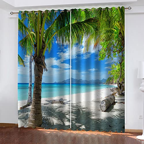 VOYADE 2Er Set Blickdichter Verdunklungs Gardinen Mit Ösen Schallisoliert, Thermovorhänge Für Wohnzimmer Schlafzimmer Kinderzimmer - 3D Meerblick Hawaii Druck Muster Super Weich Gardinen (260X280cm) von VOYADE