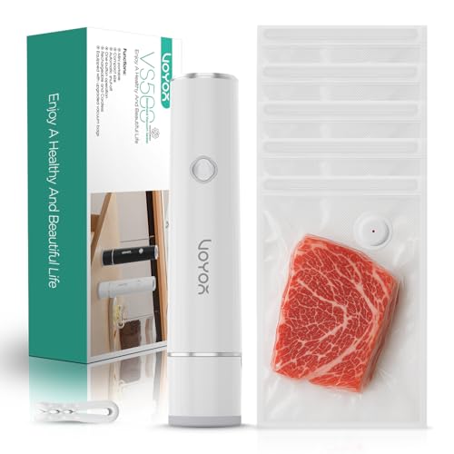 VOYOR Handvakuumierer für Essen mit 5 Wiederverwendbaren Verbesserten Vakuumbeuteln Tragbares Vakuumiergerät für Lebensmittel zur Lebensmittelkonservierung&Lagerung Mini Vakuumiergerät VS500 (Weiß) von VOYOR