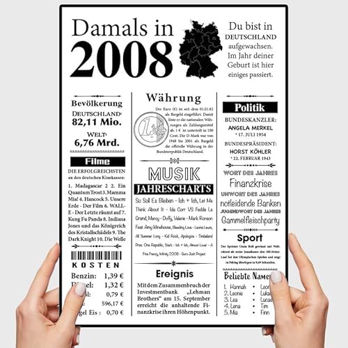 VP-DSGN Geburtstag - 2008 - Bild Plakat Zeitungsartikel Fakten zum Jahrgang - Deko Geschenkideen zum Geburtstag, Mann Frau - damals in - Poster von VP-DSGN