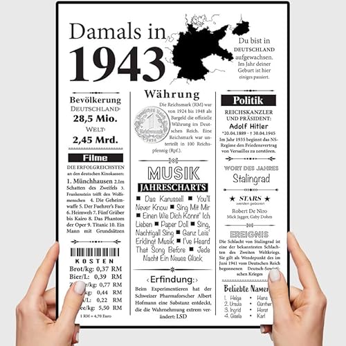 VP-DSGN Geburtstag 80 Jahre - 1943 - Bild Plakat Zeitungsartikel Fakten zum Jahrgang - Deko Geschenkideen zum Geburtstag, Mann Frau - damals in 1943 - Poster von VP-DSGN