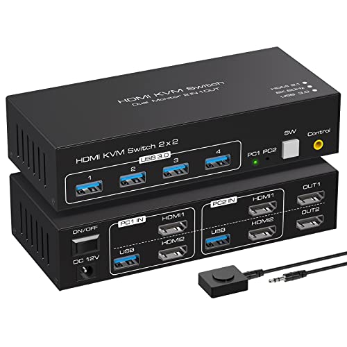 VPFET 4K120Hz HDMI KVM Switch 2 PC 2 Monitore 8K60Hz KVM Switches HDMI für 2 Computer 2 Monitor mit 4 USB 3.0 Ports Unterstützung Kopieren und Erweiterte Anzeige und Desktop Steuerung von VPFET