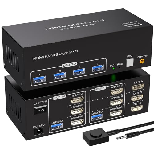 VPFET 4K144Hz HDMI KVM Switch 2 PC 3 Monitore 8K60Hz 2 Computer Triple Monitore Switches mit 4 Ports USB 3.0 zum Anschluss von Tastatur Maus und Drucker Inklusive 2 USB 3.0 Kabel und DC12V Adapter von VPFET