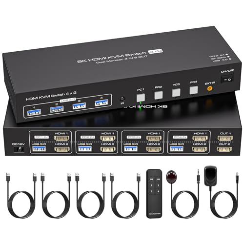 VPFET 4K144Hz HDMI KVM Switch 4 PC 2 Monitore 8K60Hz USB 3.0 KVM Umschalter Simulation EDID für 4 PC Aktie 2 Monitore und 1 Satz Tastatur Maus Drucker Unterstützt Replikation und Erweiterung Modus von VPFET