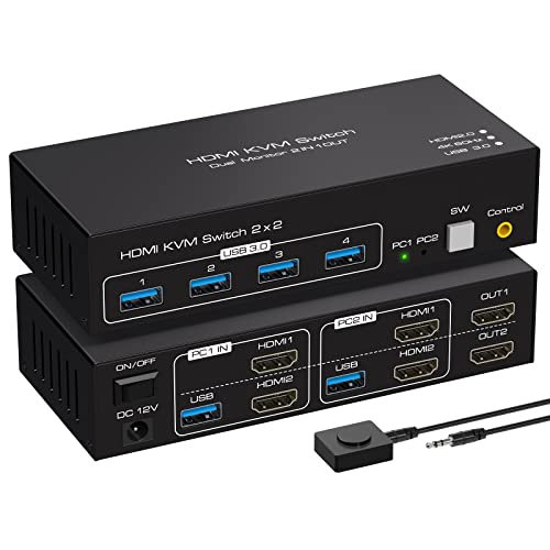 VPFET HDMI KVM Switch 2 PC 2 Monitore 4K60Hz KVM Switches Dual Monitore mit 4 USB Ports Unterstützung Kopieren und Erweiterte Anzeige und Desktop Steuerung Inklusive 2 USB3.0 Kabel von VPFET