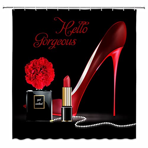 Roter High Heel Duschvorhang Hello Gorgeous Parfümflasche Lippenstift Romantische Liebe Mode Damenschuhe Moderne Frau Mädchen Schwarzer Hintergrund Polyester Badezimmer Dekor mit Haken 178 x 188 cm von VPUPCN