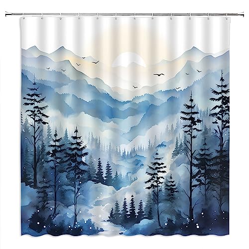 VPUPCN Blauer nebliger Wald Duschvorhang Natur Berg Schneeflocke Weihnachtsbaum Marineblau Weiß Nebel Dschungel Aquarell Winter Natur Landschaft Polyester Vorhänge Badezimmer Dekor mit Haken 178 x 178 von VPUPCN