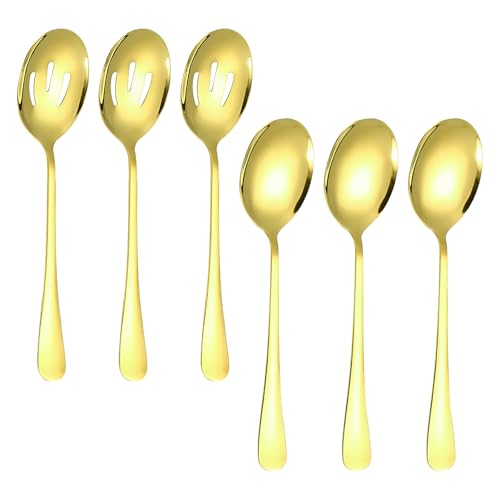 Gold Servierlöffel Set 22cm, 6pcs Salatbesteck Edelstahl Besteck Set beinhaltet 3 Servierlöffel und 3 geschlitzte Löffel Gabel Löffel für Küche, Esszimmer, Familiencamping und Picknick Gold Servierlöffel Set 22cm, 6pcs Salatbesteck Edelstahl Besteck Set beinhaltet 3 Servierlöffel und 3 geschlitzte Löffel Gabel Löffel für Küche, Esszimmer, Familiencamping und Picknick von VQBKHO