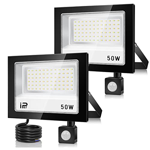 VRFMALIY LED Strahler mit Bewegungsmelder Außen 50W 2 Stück, 5000LM 7000K PIR LED Fluter Flutlicht, IP67 Wasserdichte Kaltweiß Superhell LED Scheinwerfer für Eingang Garten Garage Hof von VRFMALIY