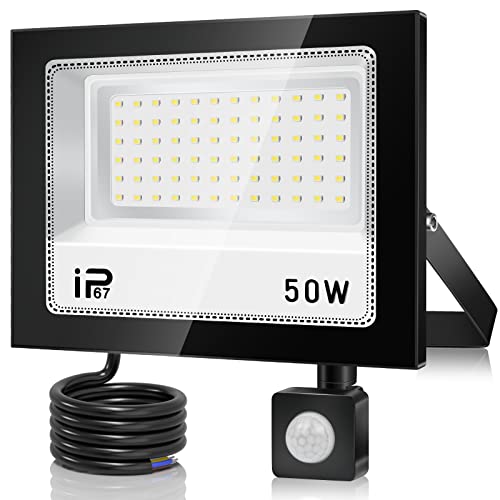 VRFMALIY LED Strahler mit Bewegungsmelder Außen 50W, 5000LM 7000K PIR LED Fluter Flutlicht, IP67 Wasserdichte Kaltweiß Superhell LED Scheinwerfer für Eingang Garten Garage Hof von VRFMALIY