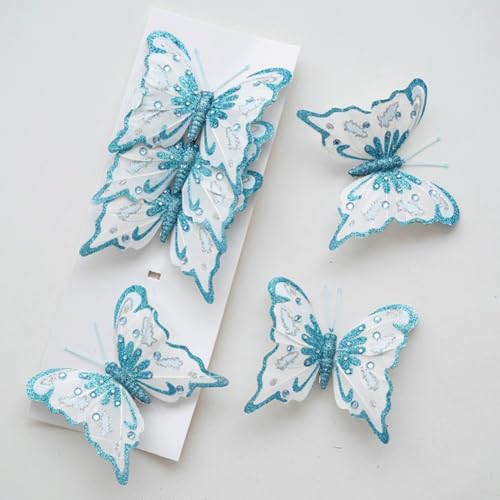 6 Stück künstliche Schmetterlingsblumen für Weihnachtsfeiertagsdekoration, nicht zerbrechlich, leichte Ornamente für Baum, Kaminsims, Kranz und festliche Arrangements (blau) von VRTYVEYBB