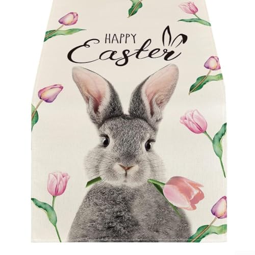 Charmanter Tischläufer Ostern aus Leinen, mit Hasen-Druck, geeignet für Familienessen und (1) von VRTYVEYBB
